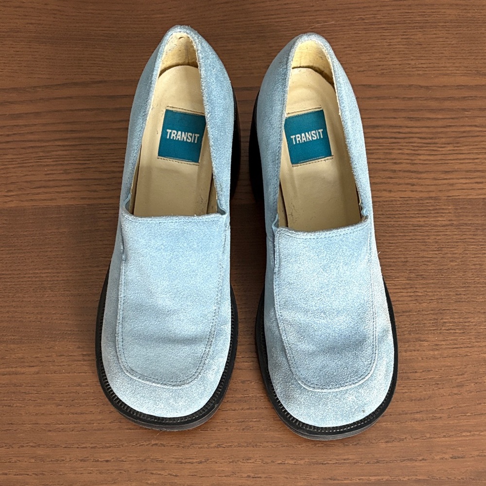 TRANSIT - Women's Blue Suede Chunky Heeled Loafers - Picture 3 of 11
